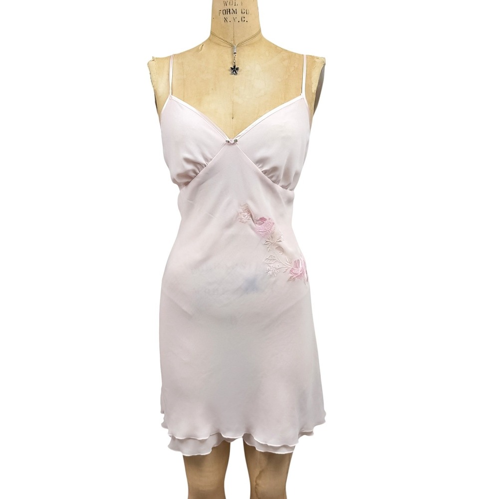 Vintage Sheer Chiffon Slip Dress Dreamy Ruffled Layered Hem Floral Embroidery M